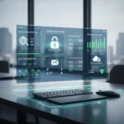 The Domain & Hosting Management interface shows domain management, DNS settings, SSL certificates, hosting tools, and server dashboards on a transparent screen above a keyboard and mouse in a modern office with city views.