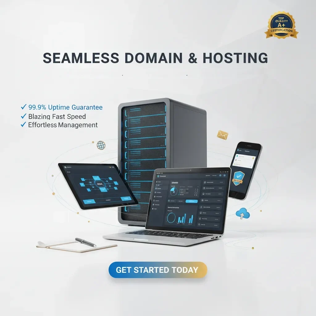 A server tower stands behind a laptop, tablet, and smartphone showing Domain & Hosting Management dashboards. Surrounded by cloud, mail, and gear icons. Text: "Domain & Hosting Management" with features listed and a blue "Get Started Today" button.