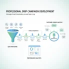 The "Drip Campaign Development" flowchart details effective email marketing steps: campaign strategy, content creation, email automation, lead nurturing, CRM integration, and performance analytics with visual icons and graphs.