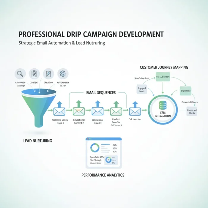 The "Drip Campaign Development" flowchart details effective email marketing steps: campaign strategy, content creation, email automation, lead nurturing, CRM integration, and performance analytics with visual icons and graphs.