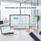 A computer screen shows a Drip Campaign Development workflow with labeled stages and email icons, emphasizing Email Marketing. A laptop and phone display CRM integration as two hands point at the screen. Text above says “Drip Campaign Development.”.
