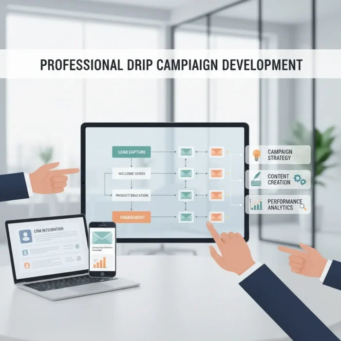 A computer screen shows a Drip Campaign Development workflow with labeled stages and email icons, emphasizing Email Marketing. A laptop and phone display CRM integration as two hands point at the screen. Text above says “Drip Campaign Development.”.