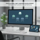 A computer monitor displays a Drip Campaign Development email workflow with icons for welcome, product info, engagement, and conversion. A tablet shows charts. Text above reads “Drip Campaign Development—Strategic Email Automation & Lead Nurturing.”.