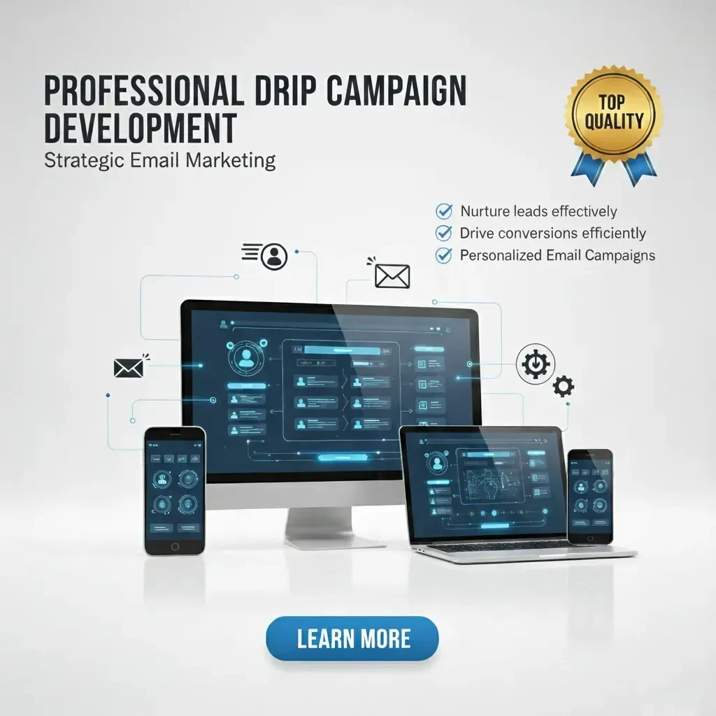 A computer monitor, laptop, tablet, and smartphone show a digital dashboard with email icons. Text highlights “Drip Campaign Development,” key benefits, and a blue “Learn More” button. A gold badge reads “Top Quality.”.