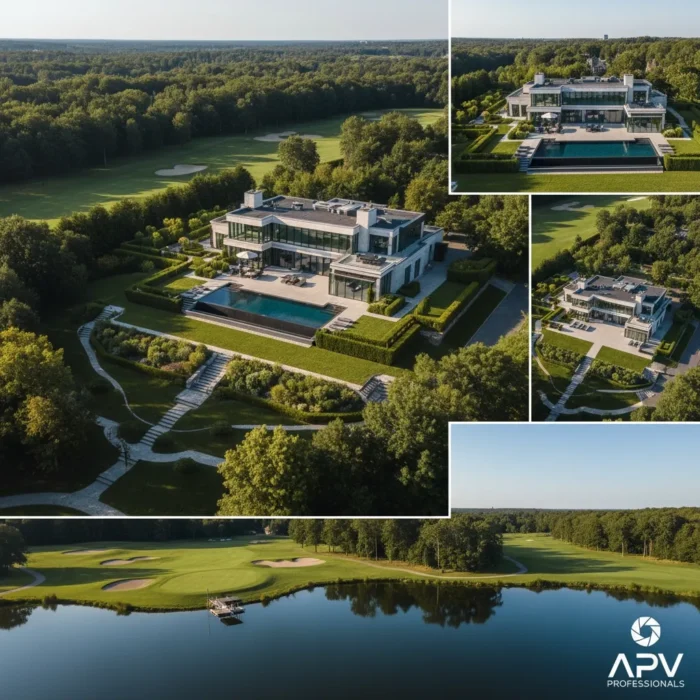 A luxurious mansion with expansive windows, terraces, and a pool is showcased using Drone Photography & Videography. Close-up aerial insets highlight gardens, golf courses, and a lake. The APV Professionals logo appears at the bottom.