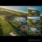 Aerial view of a luxury white mansion with pool, manicured lawns, palm trees, golf course, and ocean, captured by Drone Photography & Videography. Three inset shots show different angles. "Aero Visions Real Estate Cinematics" logo shown at bottom.