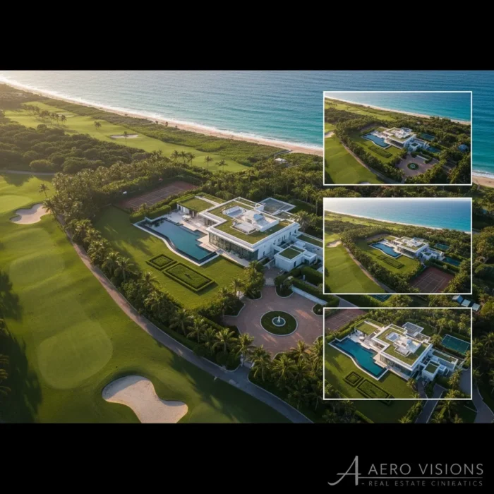 Aerial view of a luxury white mansion with pool, manicured lawns, palm trees, golf course, and ocean, captured by Drone Photography & Videography. Three inset shots show different angles. "Aero Visions Real Estate Cinematics" logo shown at bottom.