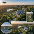 Drone Photography & Videography showcases a grand estate with manicured gardens, tennis court, circular drive, large home surrounded by trees and a sunset-lit lake. Insets offer detailed drone video shots; a plane silhouette highlights the sky.