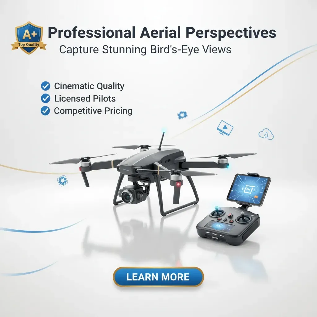 A black drone with camera stands beside a remote with screen. Text above says: "Drone Photography & Videography. Capture Stunning Bird’s-Eye Views," plus icons for quality, licensed pilots, pricing. A blue "LEARN MORE" button appears below.
