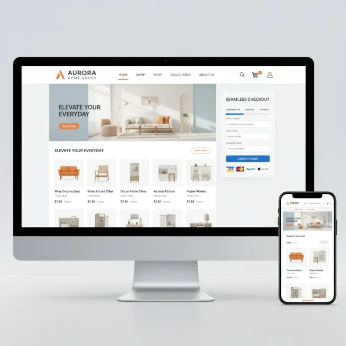 A desktop and smartphone display the E-commerce Store Setup & Optimization by Aurora Home Goods, featuring modern furniture images, a prominent “Elevate Your Everyday” banner, product listings, navigation menu, and seamless checkout.
