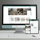 A desktop monitor, tablet, and smartphone display the E-commerce Store Setup & Optimization homepage, featuring product images, navigation menus, a cart icon, payment options, and a banner of a person working with clay.