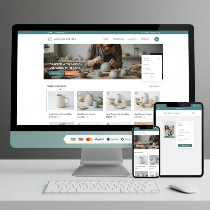 A desktop monitor, tablet, and smartphone display the E-commerce Store Setup & Optimization homepage, featuring product images, navigation menus, a cart icon, payment options, and a banner of a person working with clay.