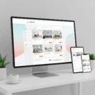 A desktop monitor, tablet, and smartphone on a white desk display the E-commerce Store Setup & Optimization website, featuring product listings with images and prices, alongside a keyboard, mouse, coffee cup, notebook, and two small potted plants.