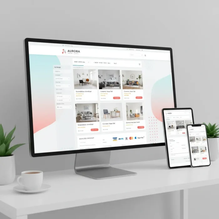 A desktop monitor, tablet, and smartphone on a white desk display the E-commerce Store Setup & Optimization website, featuring product listings with images and prices, alongside a keyboard, mouse, coffee cup, notebook, and two small potted plants.