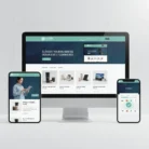 A desktop monitor, tablet, and smartphone show the “E-commerce Store Setup & Optimization” site with teal accents. Visible are product listings, setup tools, a woman shopping, a secure checkout page, and faint UI wireframes in the background.