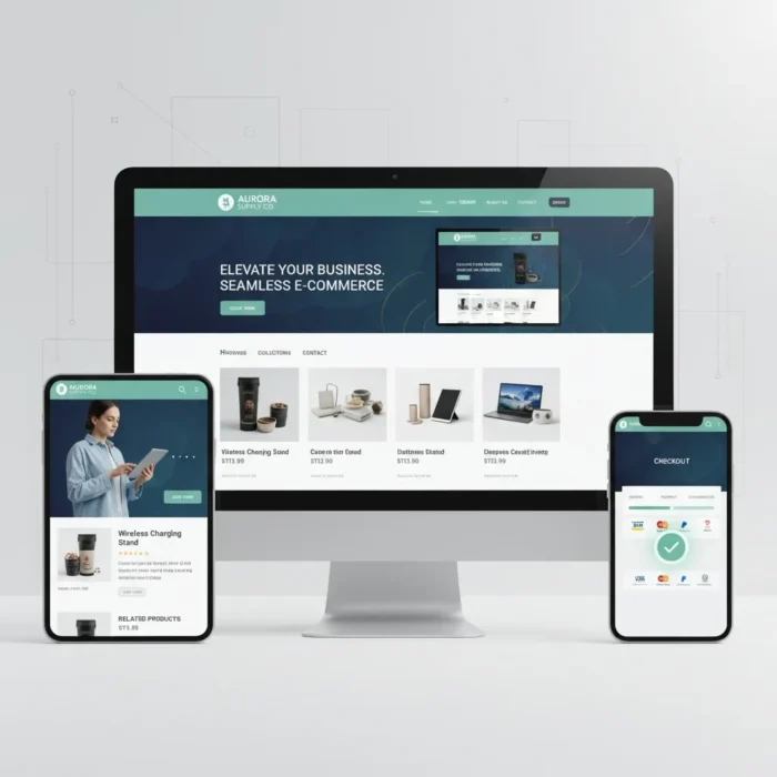 A desktop monitor, tablet, and smartphone show the “E-commerce Store Setup & Optimization” site with teal accents. Visible are product listings, setup tools, a woman shopping, a secure checkout page, and faint UI wireframes in the background.