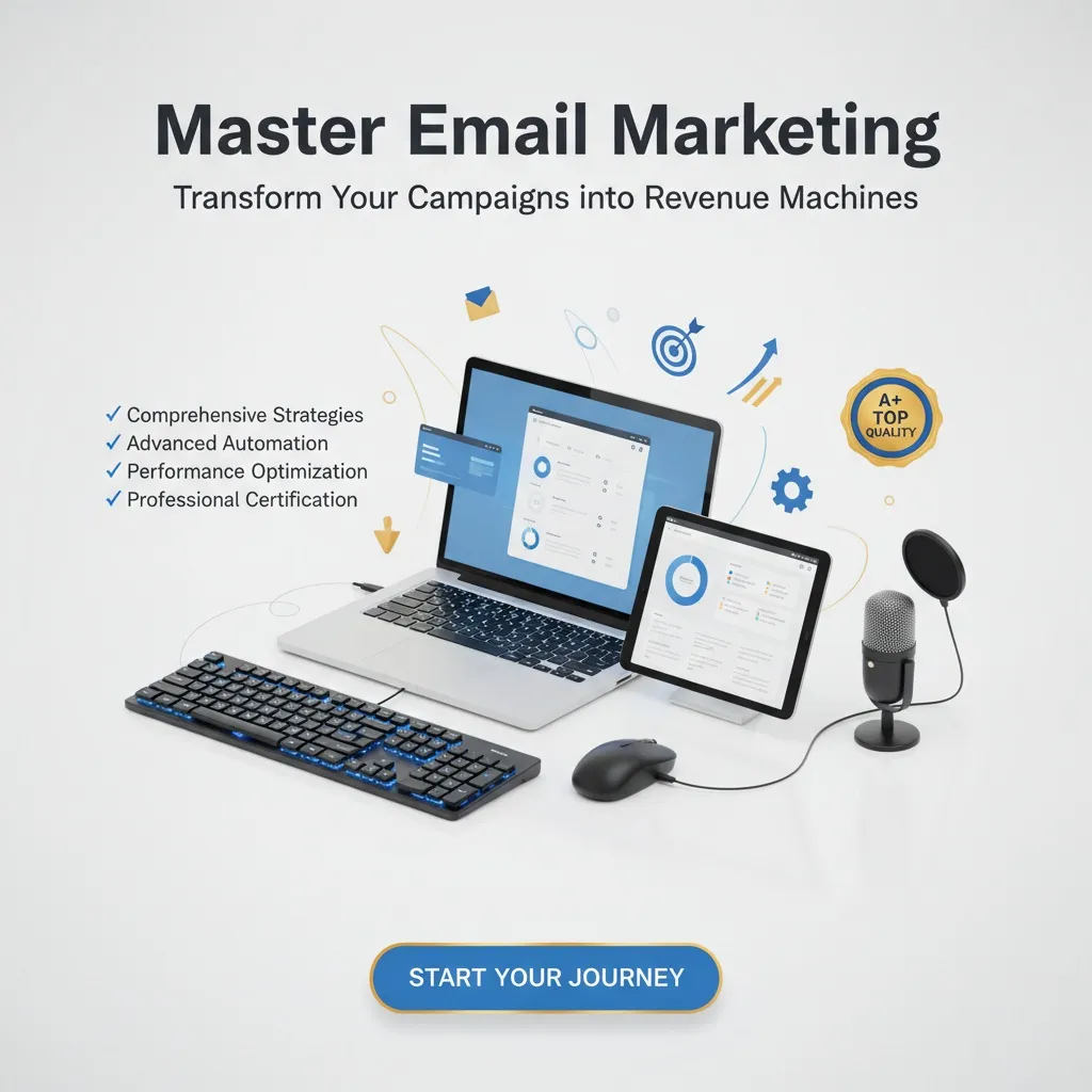 A laptop and tablet show email dashboards, surrounded by a keyboard, mouse, and mic. Marketing icons float above. Text says “Email Marketing Training” with listed benefits and a blue “Start Your Journey” button at the bottom.