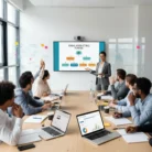 During the Email Marketing Training, a woman presents an “Email Marketing Funnel” diagram to six colleagues. Laptops, notepads, and coffee cups are on the table, while charts are displayed on laptops and a screen.