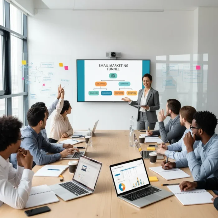 During the Email Marketing Training, a woman presents an “Email Marketing Funnel” diagram to six colleagues. Laptops, notepads, and coffee cups are on the table, while charts are displayed on laptops and a screen.