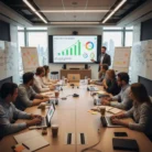 Nine people sit at a conference table with laptops and coffee, attending an Email Marketing Training as a man presents charts on a large screen in a modern office with city views and note-covered whiteboards.