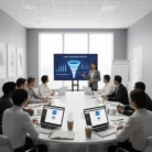 A businesswoman presents an "Email Marketing Training" graph to eight colleagues in a modern office, sharing insights from their recent course while the team takes notes and discusses new email marketing strategies.