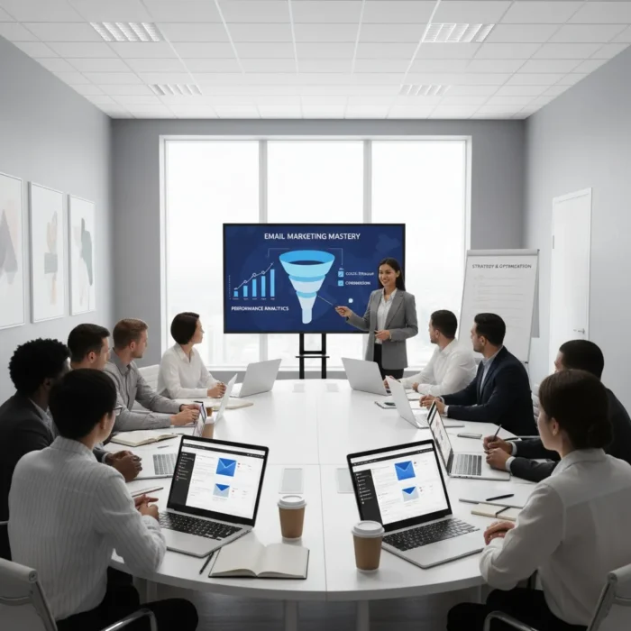 A businesswoman presents an "Email Marketing Training" graph to eight colleagues in a modern office, sharing insights from their recent course while the team takes notes and discusses new email marketing strategies.