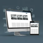 Email Newsletter Content is displayed on a desktop and tablet in a grid layout with tunnel images, ideal for showcasing content. The dark background features subtle bar and pie charts, suggesting data or email marketing analytics.