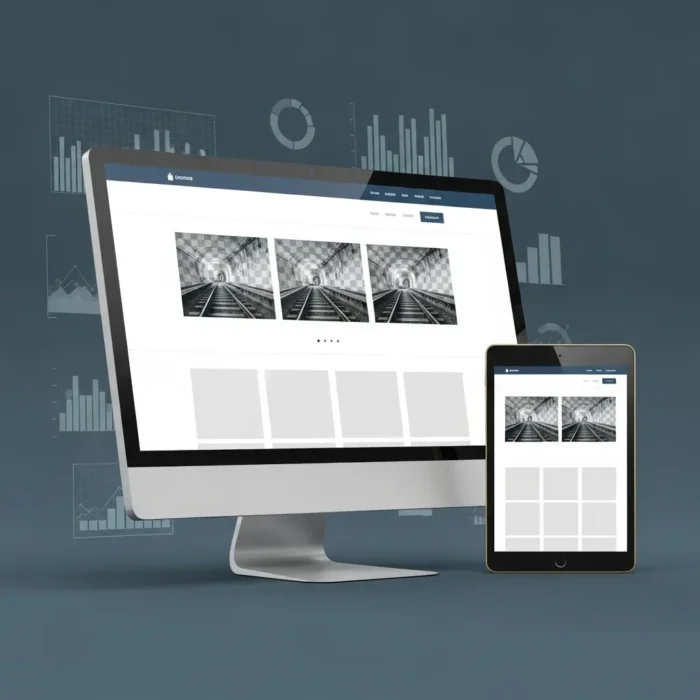 Email Newsletter Content is displayed on a desktop and tablet in a grid layout with tunnel images, ideal for showcasing content. The dark background features subtle bar and pie charts, suggesting data or email marketing analytics.