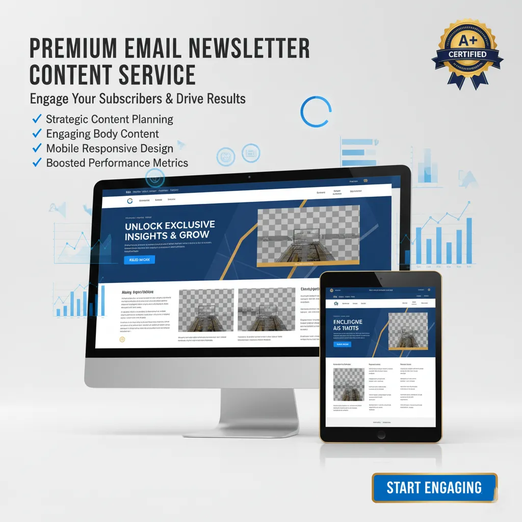 A computer monitor and tablet display an email newsletter with placeholder images. On the left, text promotes "Email Newsletter Content"—a service for expert content, strategic planning, mobile design, and advanced metrics.