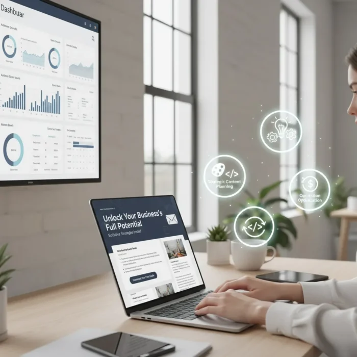 A person types on a laptop displaying the Email Newsletter Content product. Floating icons represent content planning and email marketing. A wall screen shows data dashboards with charts and graphs in a modern, organized workspace.