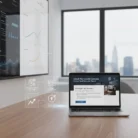 A modern office with a wooden desk shows an open laptop displaying “Email Newsletter Content.” On the left, digital charts highlight email marketing trends, while large windows reveal a cityscape.