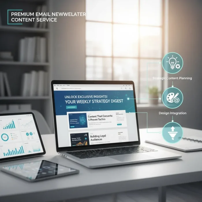 A modern office desk features a laptop and tablet showing marketing analytics, with papers and a pen nearby. Infographics labeled "Strategic Content Planning" and "Design Integration" highlight our premium Email Newsletter Content service.