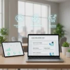 A desk with Email Newsletter Content on a laptop and tablet shows analytics and strategy. Three glowing icons above the laptop read “Strategic Content Planning,” “Design Integration,” and “Conversion Optimization.” Plants are in the background.