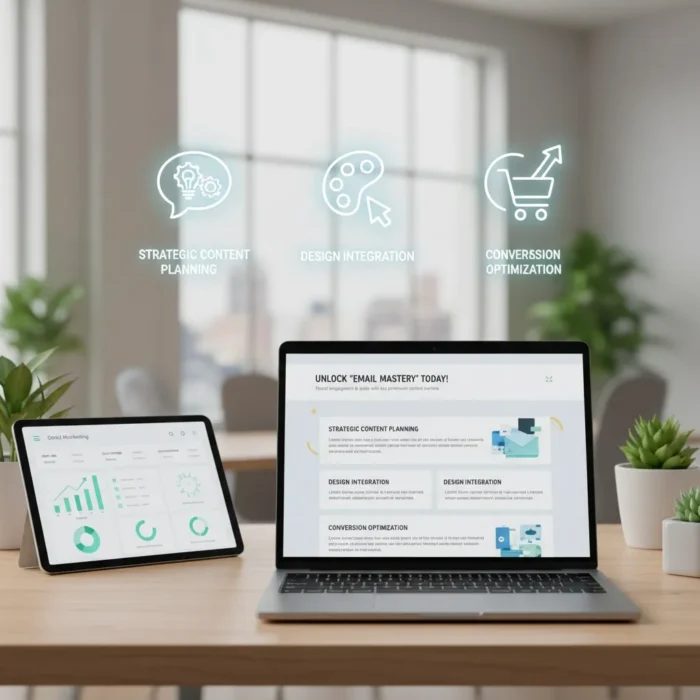 A desk with Email Newsletter Content on a laptop and tablet shows analytics and strategy. Three glowing icons above the laptop read “Strategic Content Planning,” “Design Integration,” and “Conversion Optimization.” Plants are in the background.