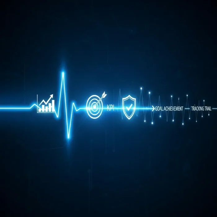 A glowing blue line forms a heartbeat on a dark background, linking growth, target, and shield icons with "KPI Tracking & Monitoring," symbolizing business performance and KPI monitoring.