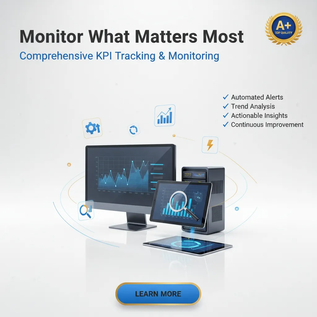 A computer, tablet, and smartphone show analytics graphs with icons for KPI tracking, data alerts, and growth. Text: “KPI Tracking & Monitoring. Monitor What Matters Most.” Features listed below with a blue "Learn More" button.