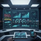 In a modern control room, large curved monitors show blue KPI Tracking & Monitoring charts and analytics. A person at a desk uses a smartphone and tablet displaying similar visuals, with a nighttime cityscape visible through the windows.