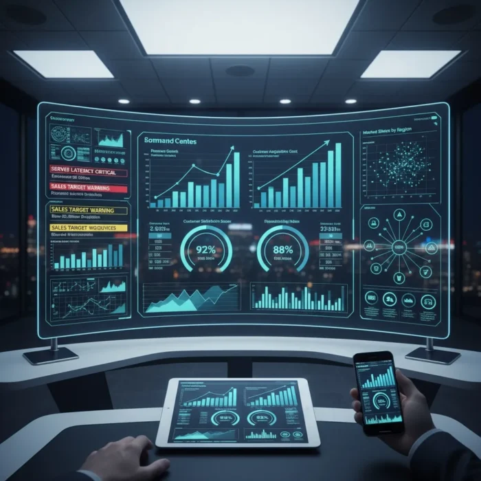 In a modern control room, large curved monitors show blue KPI Tracking & Monitoring charts and analytics. A person at a desk uses a smartphone and tablet displaying similar visuals, with a nighttime cityscape visible through the windows.