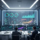 Two men in business suits sit at a control room desk with multiple monitors and a large transparent screen displaying KPIs, stats, and metrics, showcasing KPI Tracking & Monitoring in a high-tech corporate office at night.