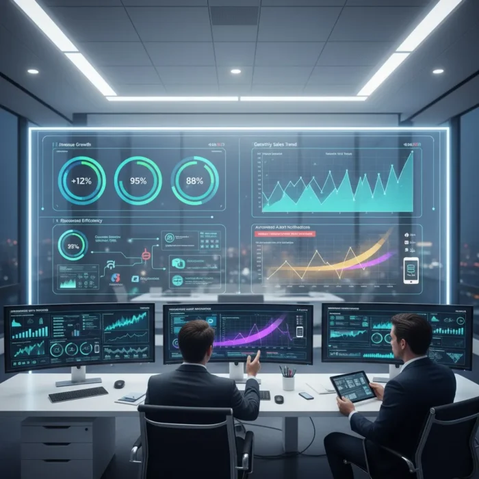 Two men in business suits sit at a control room desk with multiple monitors and a large transparent screen displaying KPIs, stats, and metrics, showcasing KPI Tracking & Monitoring in a high-tech corporate office at night.