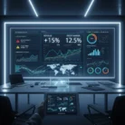In a modern conference room, a wall display showcases KPI Tracking & Monitoring with colorful graphs, world maps, and metrics like revenue (+15%) and profit margin (12.5%), while a person holds a tablet showing the same analytics.