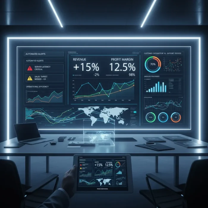 In a modern conference room, a wall display showcases KPI Tracking & Monitoring with colorful graphs, world maps, and metrics like revenue (+15%) and profit margin (12.5%), while a person holds a tablet showing the same analytics.