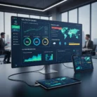 In a modern office with large windows, people meet around a main desk featuring the KPI Tracking & Monitoring product on computer, tablet, and smartphone screens displaying real-time dashboards with charts, maps, and performance metrics.