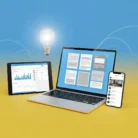 Landing Page Content features a tablet, laptop, and smartphone displaying digital interfaces on yellow and blue, with a glowing light bulb above for innovation and curved lines illustrating digital connectivity.