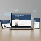 Laptop, tablet, and smartphone on a desk display the Landing Page Content titled 'Unlock Your Business Potential,' featuring a man's profile, navigation menus, blue backgrounds, and blurred business graphs in the background.