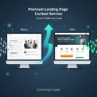 Two monitors show a “before” and “after” of Landing Page Content. The redesigned page features bold buttons and images, with green icons and a blue arrow highlighting improved conversions and lead generation.