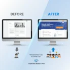 Side-by-side comparison: left screen shows a dull, gray webpage labeled "Before," right screen is a vibrant landing page labeled "After." Below, user icons signal higher engagement. Transformation powered by Landing Page Content.