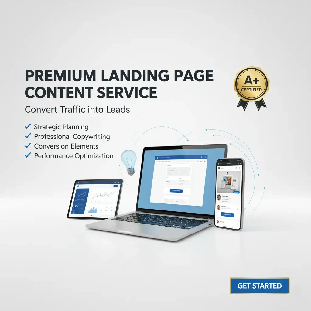 Landing Page Content is shown on a laptop, tablet, and smartphone. Text: “Premium Landing Page Content Service: Convert Traffic into Leads.” SEO features are checked. An A+ certified badge is top right; a “Get Started” button is bottom right.