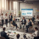 A modern office with diverse professionals collaborates in an inspiring space. Some use laptops at tables, others engage at a whiteboard. A large screen displays “Leadership Assessment,” highlighting Leadership Development Programs.