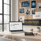 In a bright, modern office, a laptop on the desk displays “The Innovation Hub.” A corkboard behind features photos and diagrams. A sign promotes Logline & Pitch Deck Development, highlighting expert support for crafting pitches.